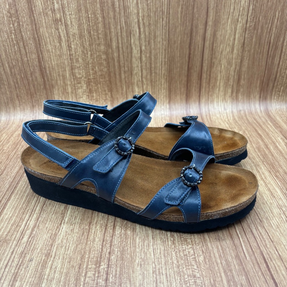 Naot Pamela Leather Wedge Sandals Women 42 Blue Rhinestone Buckle Hook Loop